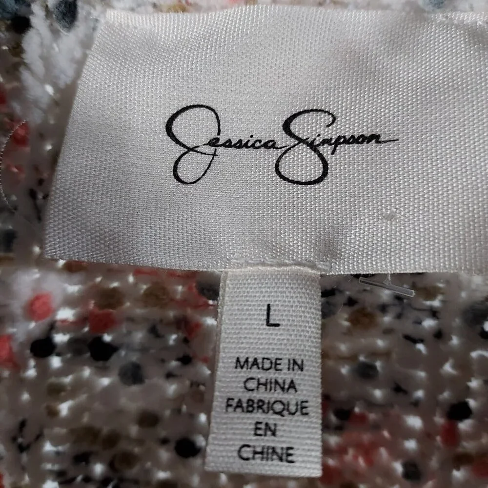 Jessica Simpson White Confetti Multi-Color Cropped Knit Sweater Ribbed Cuff Larg - Picture 12 of 14